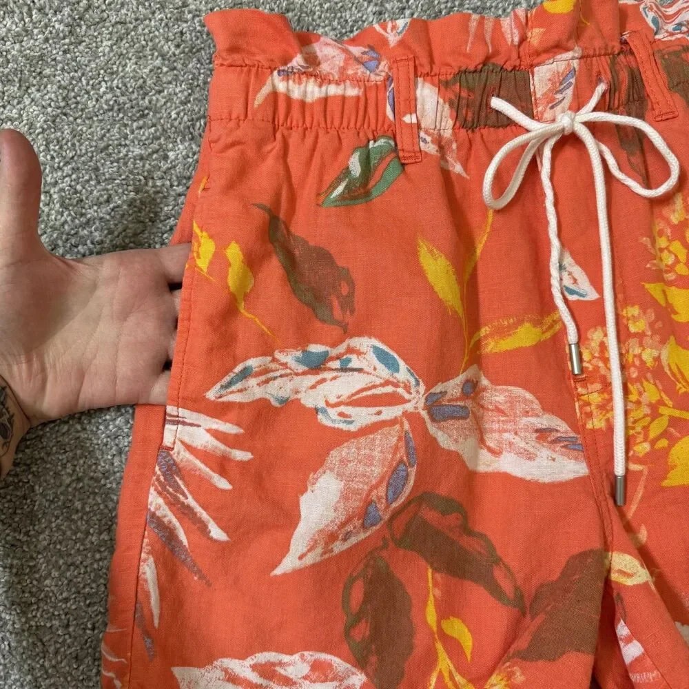 Gap Paperbag Pull Shorts Womens Small Orange Tropical Floral Linen Blend Summer